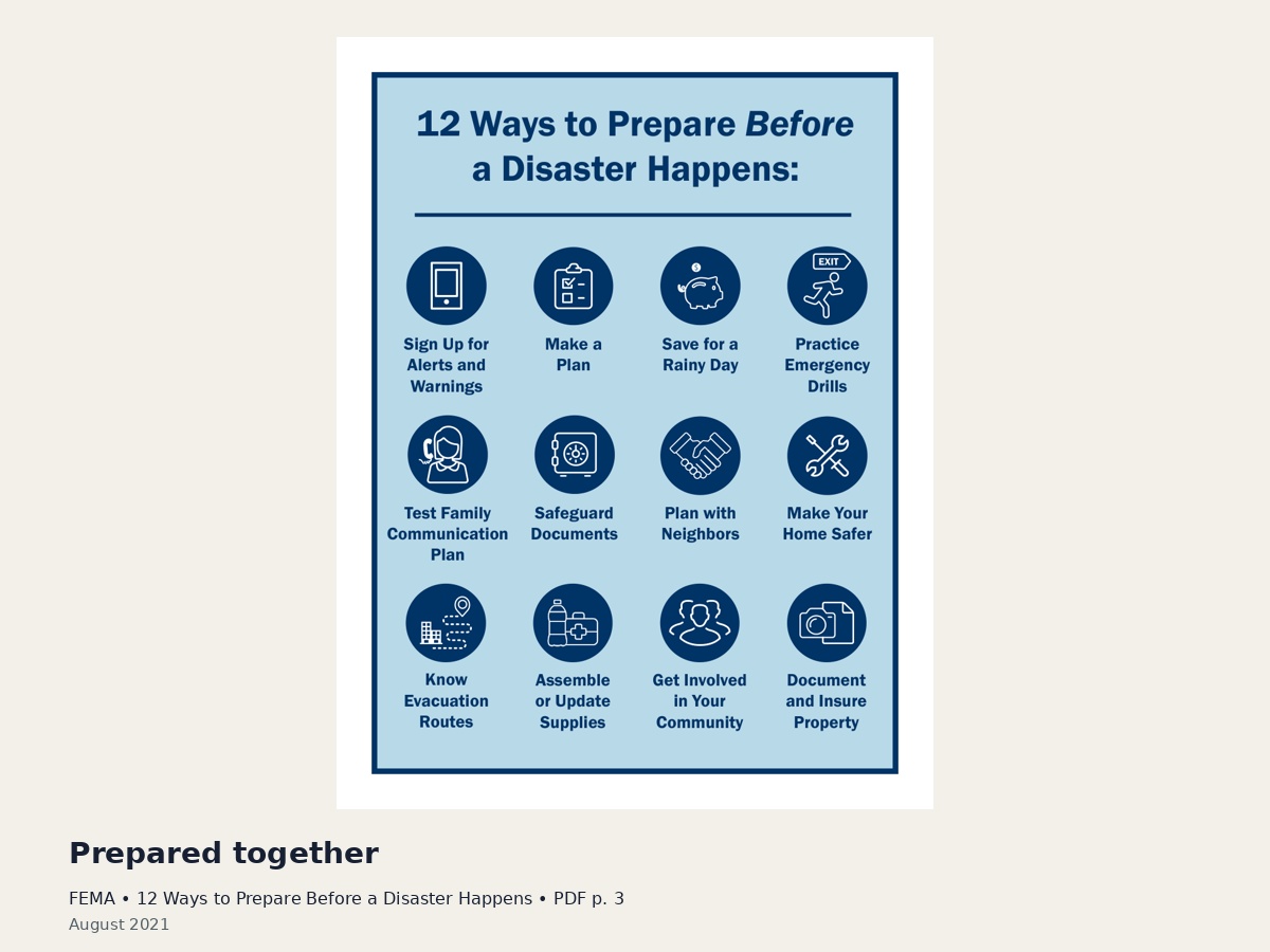 FEMA illustrated checklist of twelve ways to prepare, including planning with neighbors and getting involved in the community.