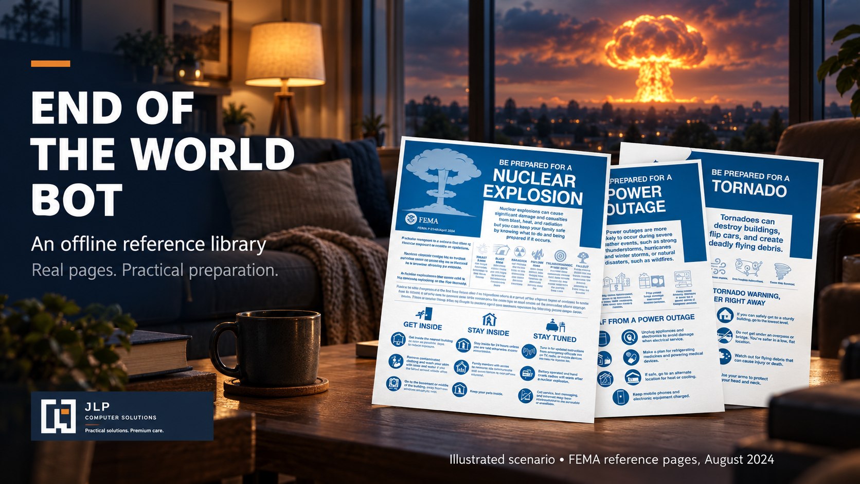Illustrated living room overlooking a distant mushroom cloud.