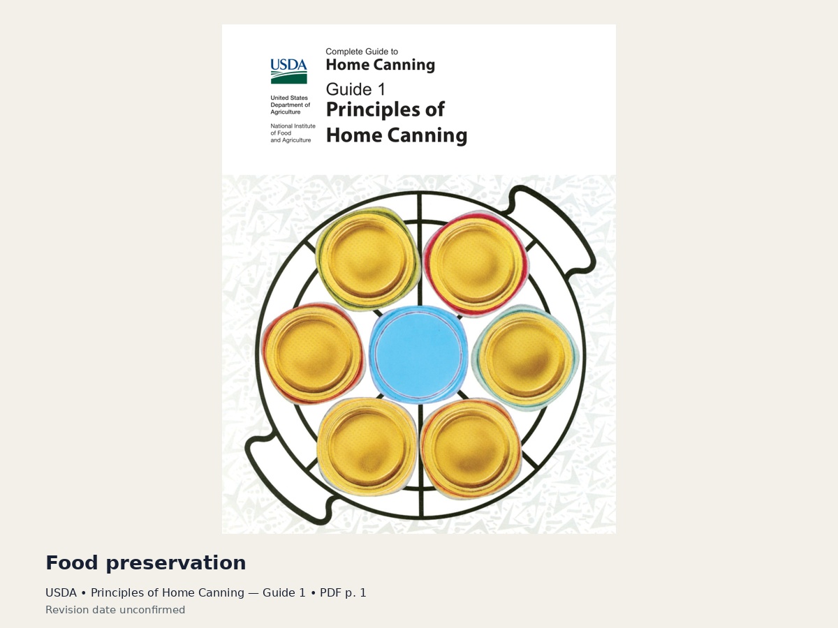 USDA home-canning guide cover showing a rack of colorful jar lids.